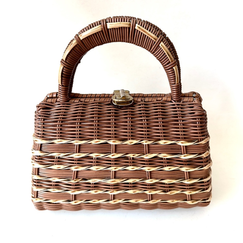 Vintage Wicker Purse with Gold Accents Handmade in British Hong Kong